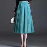 Women Long Blue Summer Women Loose Pleated Skirt Casual High Waist A-line Tulle Skirts