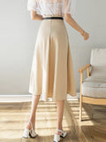 Ladies Elegant A-line Skirts Fashion England Style Plain Color All-match High Waist Women Long Skirt