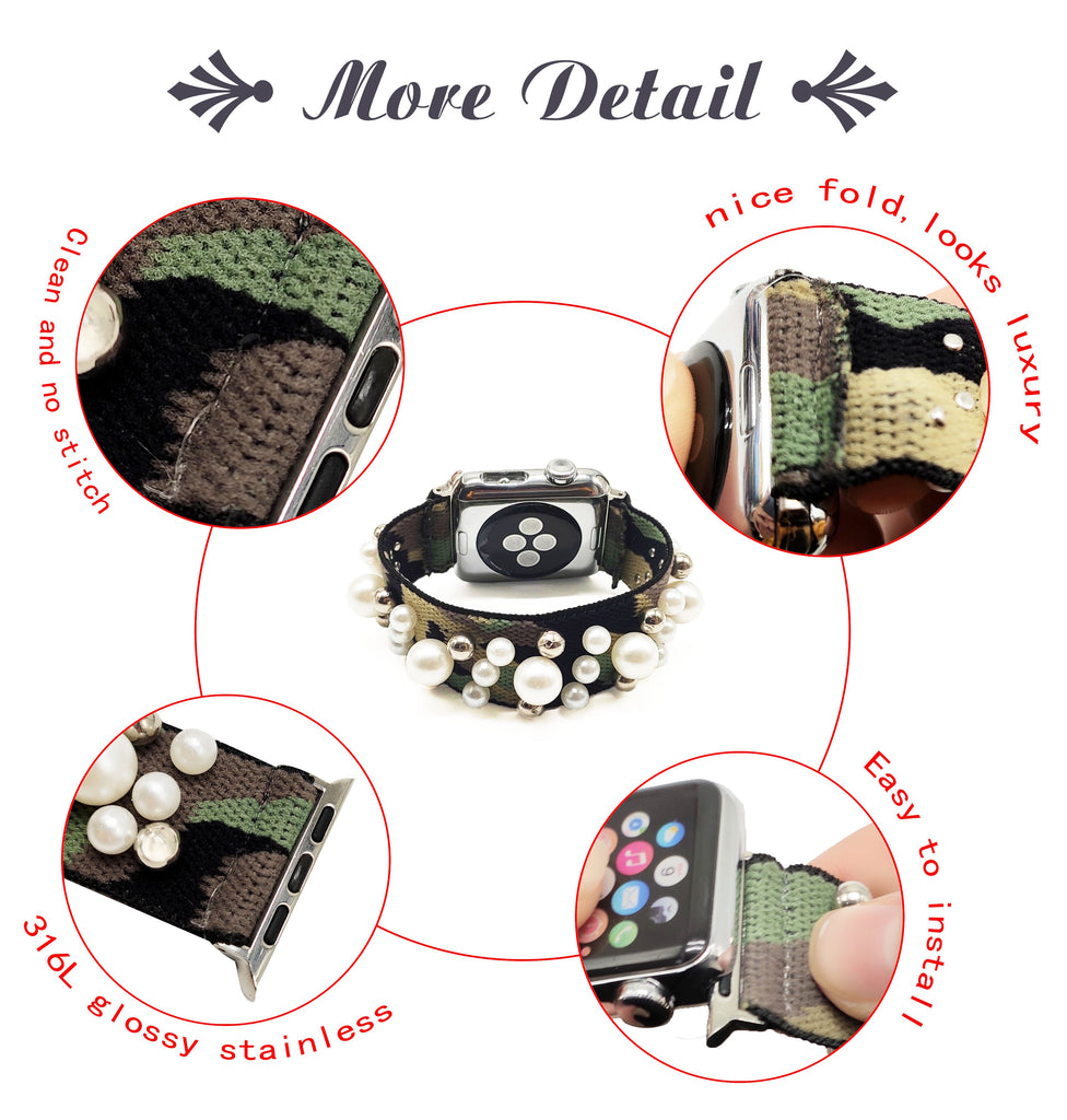 Pearl Beads Camouflage Apple Watch Band Stretch Watch Band Elastic Nylon watch Band 38mm 42mm Apple watch scrunchies