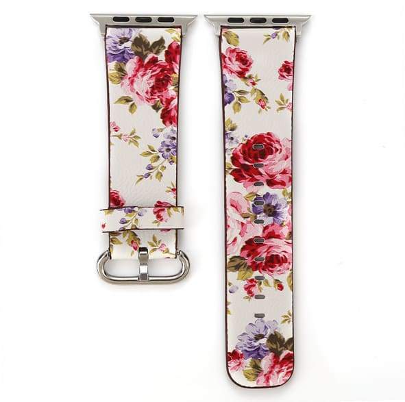 Accessories White Pink Floral / 38mm / 40mm Apple Watch Series 5 4 3 2 Band, Elegant Floral Printed Leather Loop Watch Band for 38mm, 40mm, 42mm, 44mm