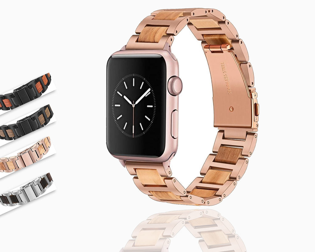Apple Apple Watch  Band, Natural Wood & Stainless Steel sport link Strap Bracelet Watchband for  Series 5 4 3 iWatch 38mm 40mm, 42mm, 44mm