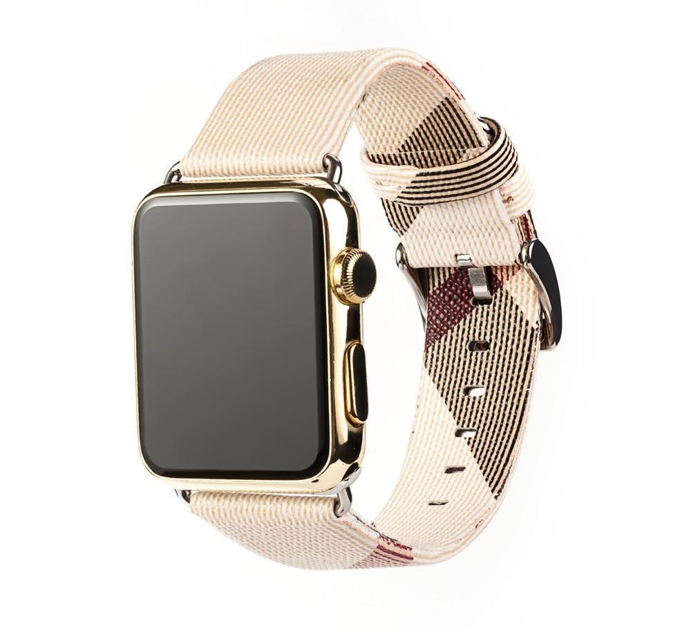 Apple Apple Watch band plaid checkered leather with Silver Metal Connector, Replacement strap for iWatch 38mm, 40mm, 42mm, 44 mm, series 4 3 2 1