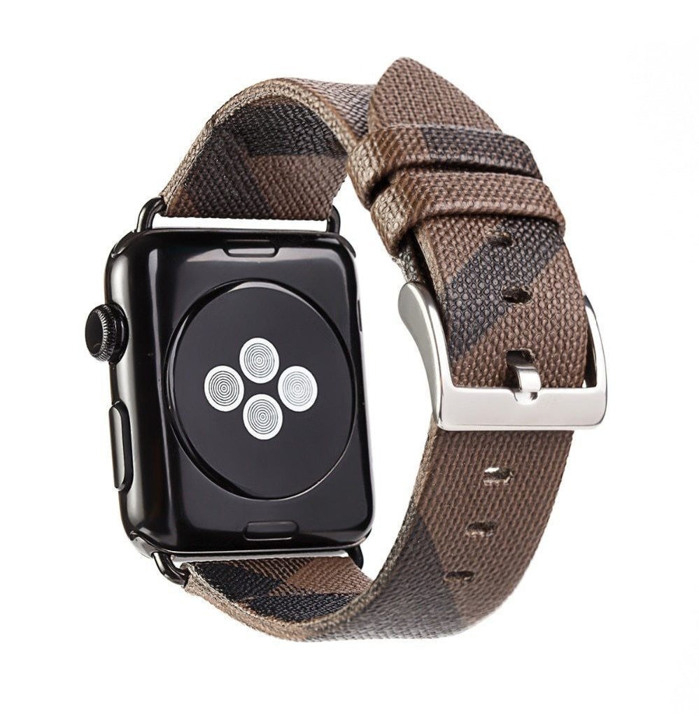 Apple Apple Watch band plaid checkered leather with Silver Metal Connector, Replacement strap for iWatch 38mm, 40mm, 42mm, 44 mm, series 4 3 2 1