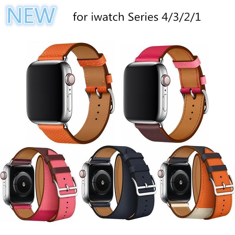 Apple Apple Watch Series 5 4 3 2 Band, Double Tour Watchbands Genuine Leather Strap Herm Bracelet 38mm, 40mm, 42mm, 44mm