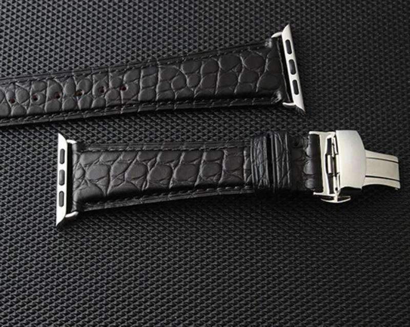 Apple Apple Watch Series 5 4 3 2 Band, Genuine Crocodile Leather, Silver Butterfly Buckle Strap Black and Brown 38mm, 40mm, 42mm, 44mm