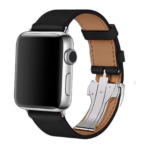 Apple black / 38mm Apple Watch Series 5 4 3 2 Band, Leather strap Deployment Buckle watch Strap watchband Hermes 38mm, 40mm, 42mm, 44mm - US Fast Shipping