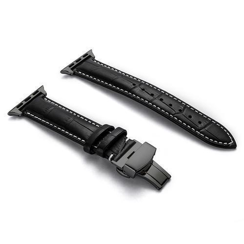 Apple Black buckle with black leather white string / 38MM Apple Watch Series 5 4 3 2 Band, Crocodile Grain cow Leather Butterfly Buckle Bands iWatch 38mm, 40mm, 42mm, 44mm -  US Fast Shipping