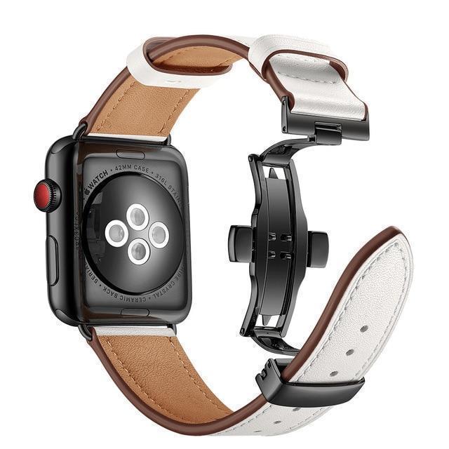 Apple Black button / 38mm / 40mm Apple Watch Series 5 4 3 2 Band, Leather Strap Stainless Steel Butterfly Loop watchband bracelet 38mm, 40mm, 42mm, 44mm US Fast Shipping