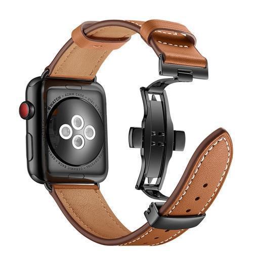 Apple Watch Band Leather Strap Stainless Steel Butterfly Loop