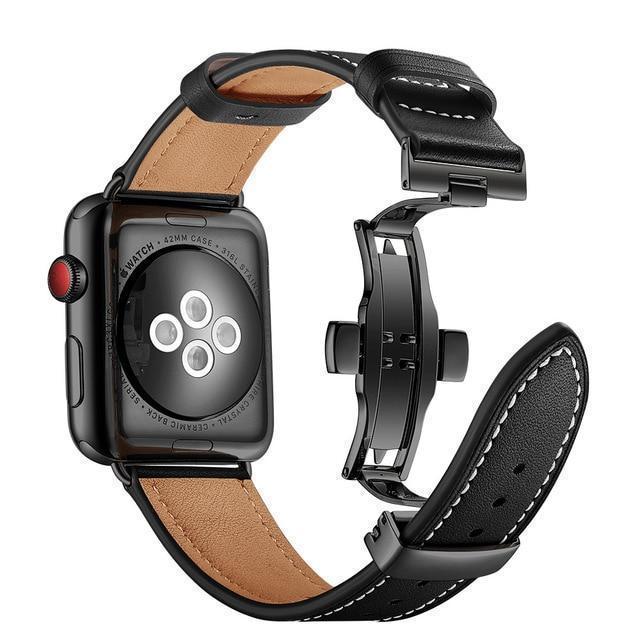 Apple Black button8 / 38mm / 40mm Apple Watch Series 5 4 3 2 Band, Leather Strap Stainless Steel Butterfly Loop watchband bracelet 38mm, 40mm, 42mm, 44mm US Fast Shipping