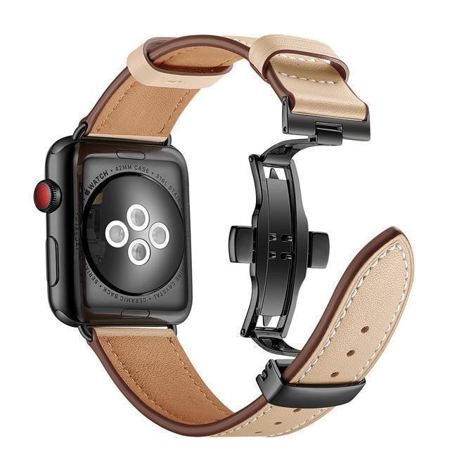 Apple Black button9 / 38mm / 40mm Apple Watch Series 5 4 3 2 Band, Leather Strap Stainless Steel Butterfly Loop watchband bracelet 38mm, 40mm, 42mm, 44mm US Fast Shipping