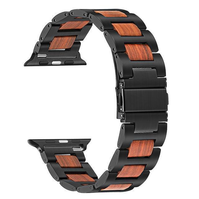 Apple Black Red Sandal / 38mm Apple Watch Series 5 4 3 2 Band, Nature Wood & Stainless Steel Wrist Strap Bracelet Watchband for iWatch 38mm 40mm, 42mm, 44mm