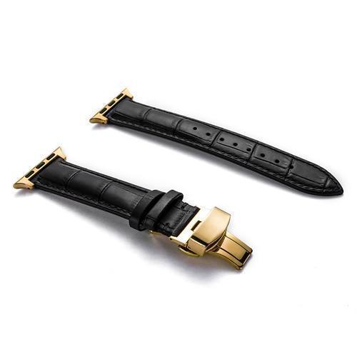 Apple Gold buckle with black leather black string / 38MM Apple Watch Series 5 4 3 2 Band, Crocodile Grain cow Leather Butterfly Buckle Bands iWatch 38mm, 40mm, 42mm, 44mm -  US Fast Shipping