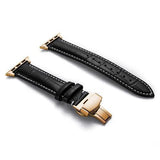 Apple Gold buckle with black leather white string / 38MM Apple Watch Series 5 4 3 2 Band, Crocodile Grain cow Leather Butterfly Buckle Bands iWatch 38mm, 40mm, 42mm, 44mm -  US Fast Shipping