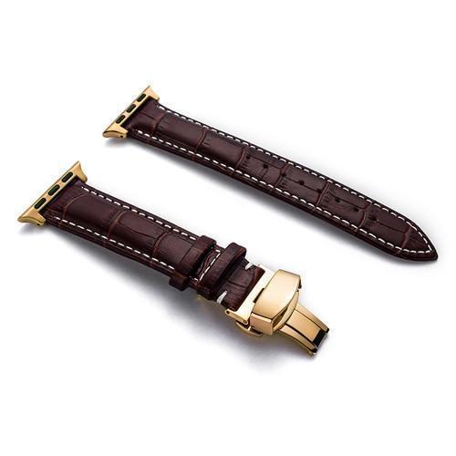 Apple Gold buckle with brown leather white string / 38MM Apple Watch Series 5 4 3 2 Band, Crocodile Grain cow Leather Butterfly Buckle Bands iWatch 38mm, 40mm, 42mm, 44mm -  US Fast Shipping