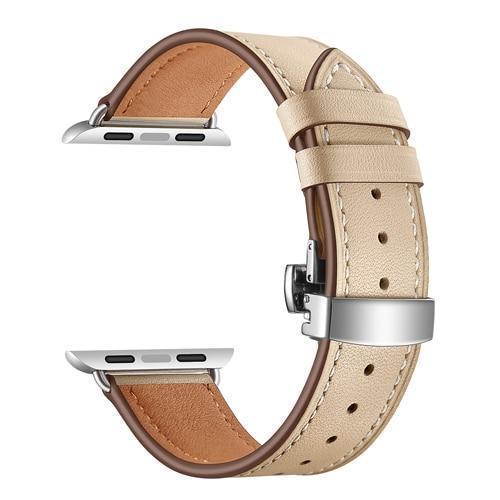 Apple Khaki / 38mm Apple Watch Series 5 4 3 2 Band, Leather Strap Butterfly Clasp watchband Bracelet and Pin Buckle 38mm, 40mm, 42mm, 44mm US Fast Shipping