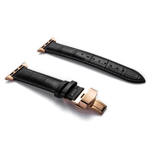 Apple Rose gold buckle with black leather black string / 38MM Apple Watch Series 5 4 3 2 Band, Crocodile Grain cow Leather Butterfly Buckle Bands iWatch 38mm, 40mm, 42mm, 44mm -  US Fast Shipping