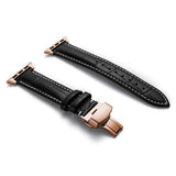Apple Rose gold buckle with black leather white string / 38MM Apple Watch Series 5 4 3 2 Band, Crocodile Grain cow Leather Butterfly Buckle Bands iWatch 38mm, 40mm, 42mm, 44mm -  US Fast Shipping