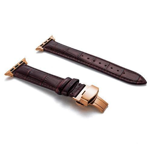 Apple Rose gold buckle with brown leather brown string / 42MM Apple Watch Series 5 4 3 2 Band, Crocodile Grain cow Leather Butterfly Buckle Bands iWatch 38mm, 40mm, 42mm, 44mm -  US Fast Shipping