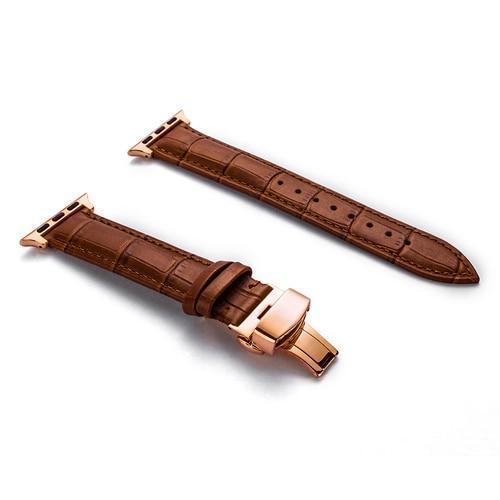 Apple Rose gold buckle with light brown leather brown string / 38MM Apple Watch Series 5 4 3 2 Band, Crocodile Grain cow Leather Butterfly Buckle Bands iWatch 38mm, 40mm, 42mm, 44mm -  US Fast Shipping