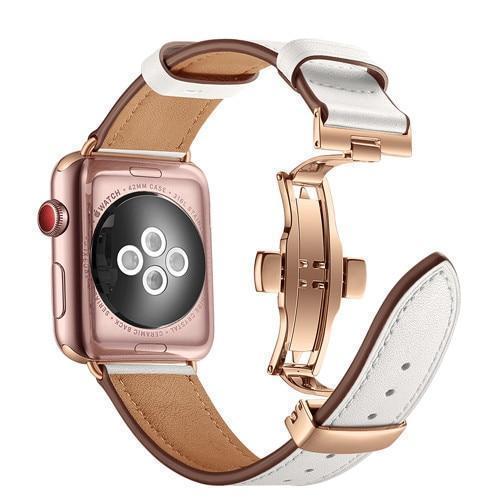 Apple Rose gold button / 38mm / 40mm Apple Watch Series 5 4 3 2 Band, Leather Strap Stainless Steel Butterfly Loop watchband bracelet 38mm, 40mm, 42mm, 44mm US Fast Shipping