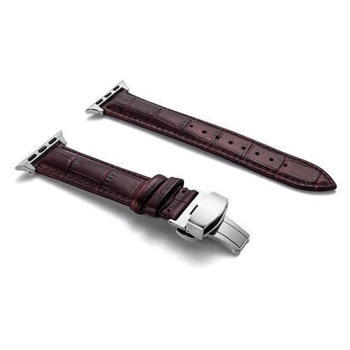 Apple Silver buckle with brown leather brown string / 38MM Apple Watch Series 5 4 3 2 Band, Crocodile Grain cow Leather Butterfly Buckle Bands iWatch 38mm, 40mm, 42mm, 44mm -  US Fast Shipping