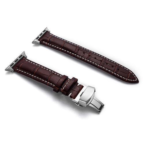 Apple Silver buckle with brown leather white string / 38MM Apple Watch Series 5 4 3 2 Band, Crocodile Grain cow Leather Butterfly Buckle Bands iWatch 38mm, 40mm, 42mm, 44mm -  US Fast Shipping