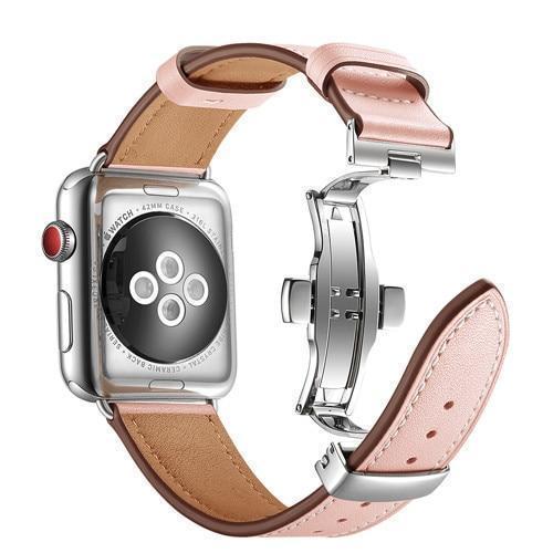 Apple Silver button2 / 38mm / 40mm Apple Watch Series 5 4 3 2 Band, Leather Strap Stainless Steel Butterfly Loop watchband bracelet 38mm, 40mm, 42mm, 44mm US Fast Shipping
