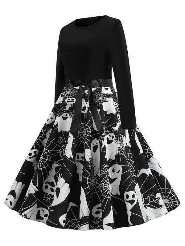 Halloween Skull Print Crew Neck Dress