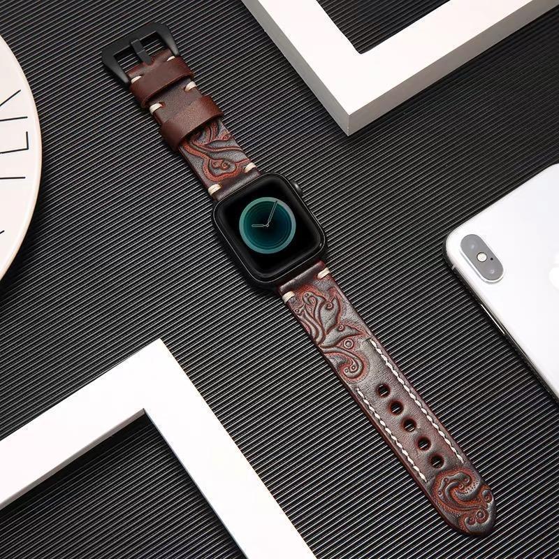 Home Handmade Luxury Embossing Genuine Leather Bracelet Apple Watch Band , 
iwatch 38mm 40mm 42mm 44mm Series 5 4 3