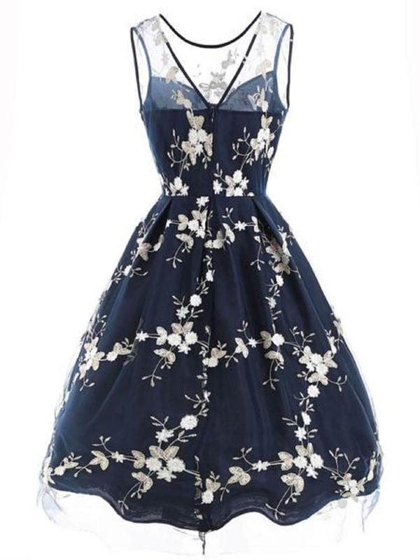 Blue 1950s Embroidery Swing Dress