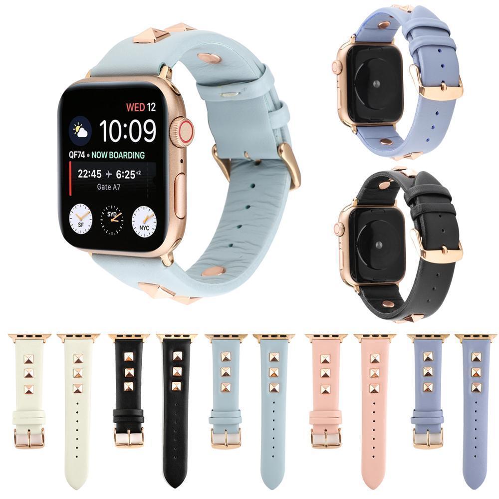 Watchbands Apple watch band Rose Gold Metal Rivet Leather Sport Strap For iWatch series 5 4 3 2 1 44mm 42mm 40mm 38mm