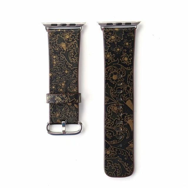 Watchbands black gold brown / 38mm/40mm Floral Printed Leather strap for Apple Watch band 44mm/40mm/42mm/38mm iwatch 5/4/3/2/1 Bracelet leather watchband series 5 4 3 2 1