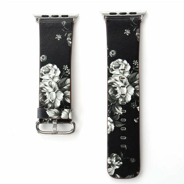 Watchbands black gray / 38mm/40mm Floral Printed Leather strap for Apple Watch band 44mm/40mm/42mm/38mm iwatch 5/4/3/2/1 Bracelet leather watchband series 5 4 3 2 1