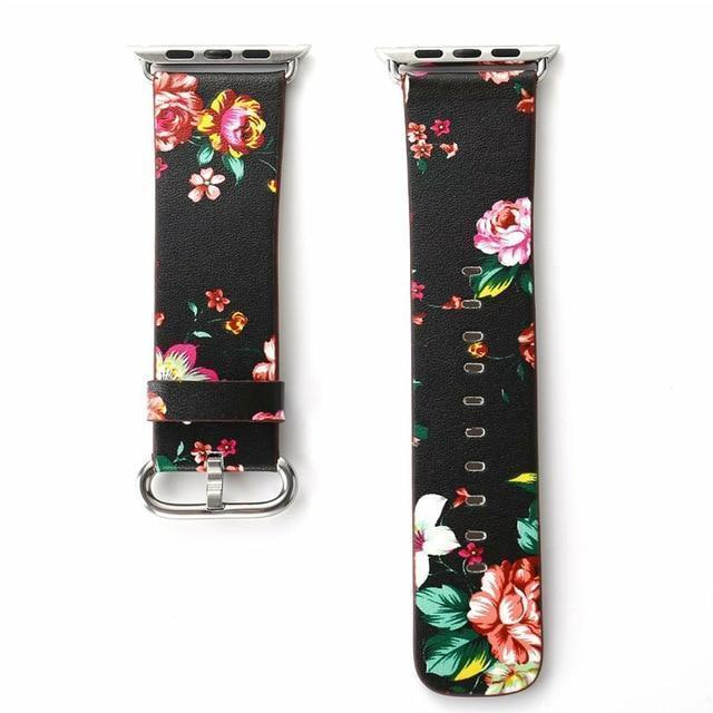 Watchbands black red / 38mm/40mm Floral Printed Leather strap for Apple Watch band 44mm/40mm/42mm/38mm iwatch 5/4/3/2/1 Bracelet leather watchband series 5 4 3 2 1
