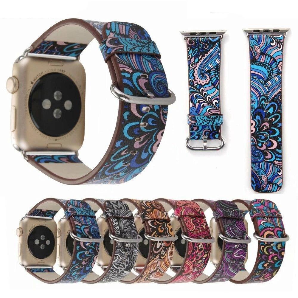 Watchbands Floral Printed Leather strap for Apple Watch band 44mm/40mm/42mm/38mm iwatch 5/4/3/2/1 Bracelet leather watchband series 5 4 3 2 1