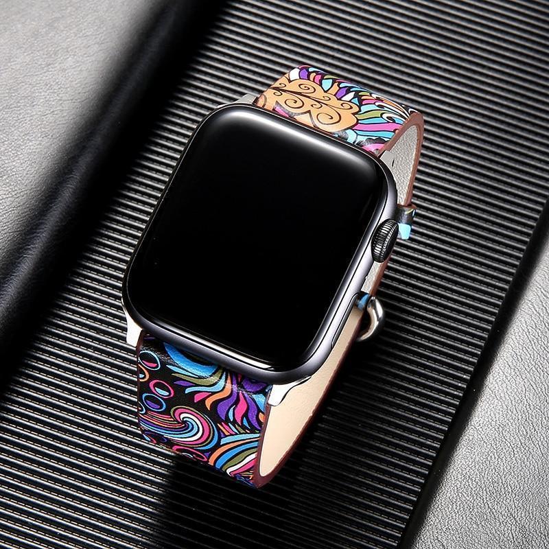 Watchbands leather strap for apple watch band 42mm 38mm 44mm 40mm correa Printing flower bracelet watchband for iwatch pulseira 5/4/3/2/1