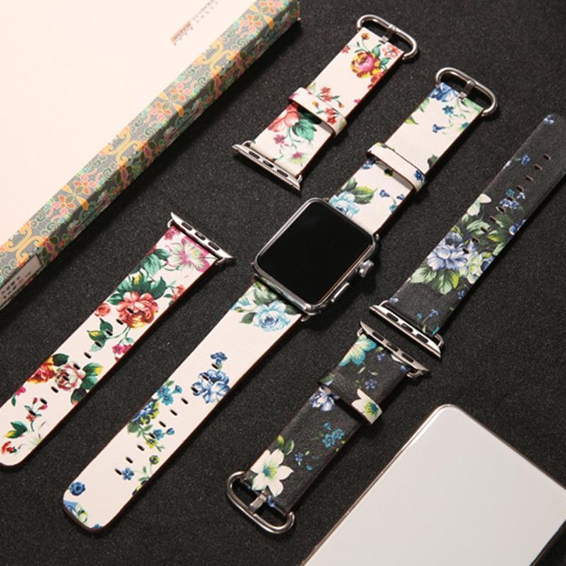 Watchbands leather strap for apple watch band 42mm 38mm 44mm 40mm correa Printing flower bracelet watchband for iwatch pulseira 5/4/3/2/1