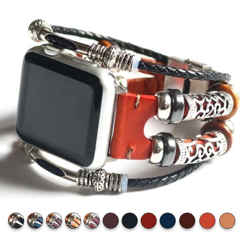 Watches Bead Brown / 38mm / 42mm Apple Watch Series 5 4 3 2 Band,  Homemade Ethnic Vintage Bead with leather, Retro Punk Style Bracelet 38mm, 40mm, 42mm, 44mm