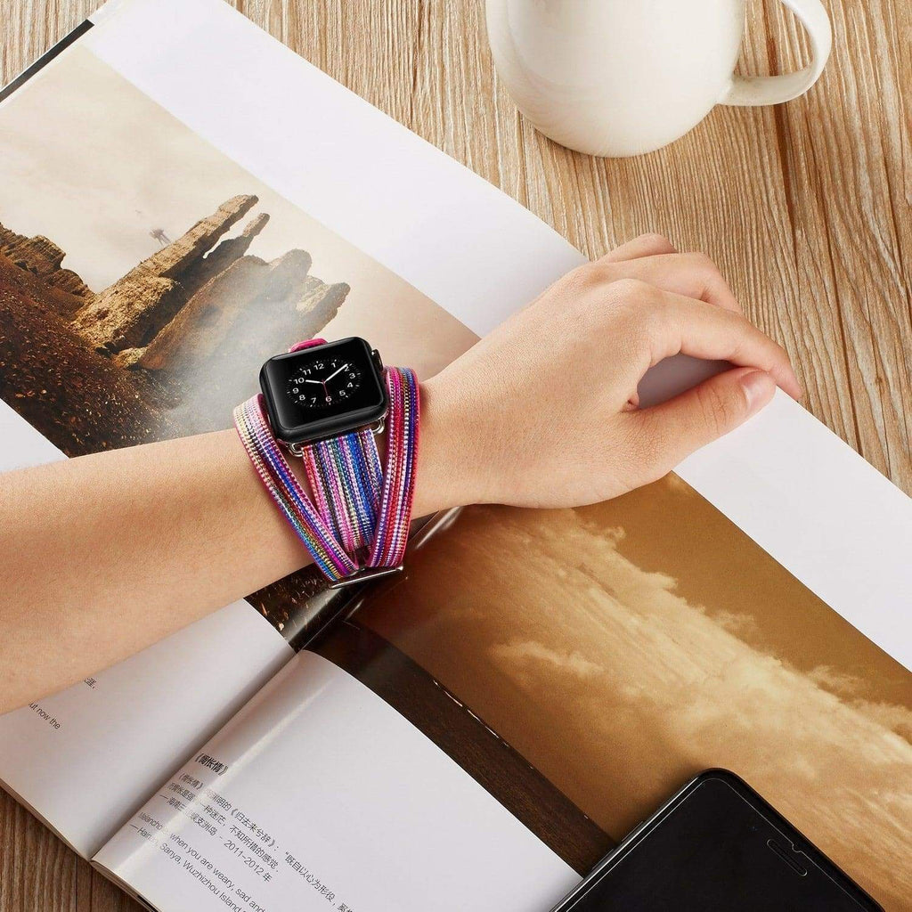 Watches Colorful Rainbow Leather Band for Apple Watch Series 1 2 3 4 Bracelet Double Tour Genuine Leather Strap for iWatch Belt  44mm/ 40mm/ 42mm/ 38mm