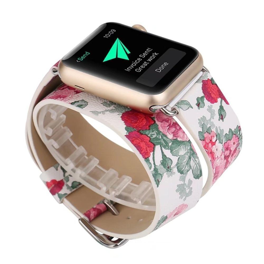 Watches Leather strap For Apple Watch band 44mm/ 40mm/ 42mm/ 38mm double tour iwatch Series 1 2 3 4 Flower print, USA Fast Shipping