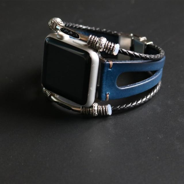 Watches Line Dark Blue / 38mm / 42mm Apple Watch Series 5 4 3 2 Band,  Homemade Ethnic Vintage Bead with leather, Retro Punk Style Bracelet 38mm, 40mm, 42mm, 44mm