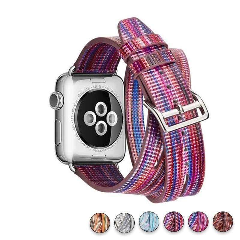 Watches Purple / 38mm/40mm Colorful Rainbow Leather Band for Apple Watch Series 1 2 3 4 Bracelet Double Tour Genuine Leather Strap for iWatch Belt  44mm/ 40mm/ 42mm/ 38mm
