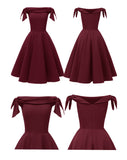 Wine Red 1950s Off Shoulder Bow Dress